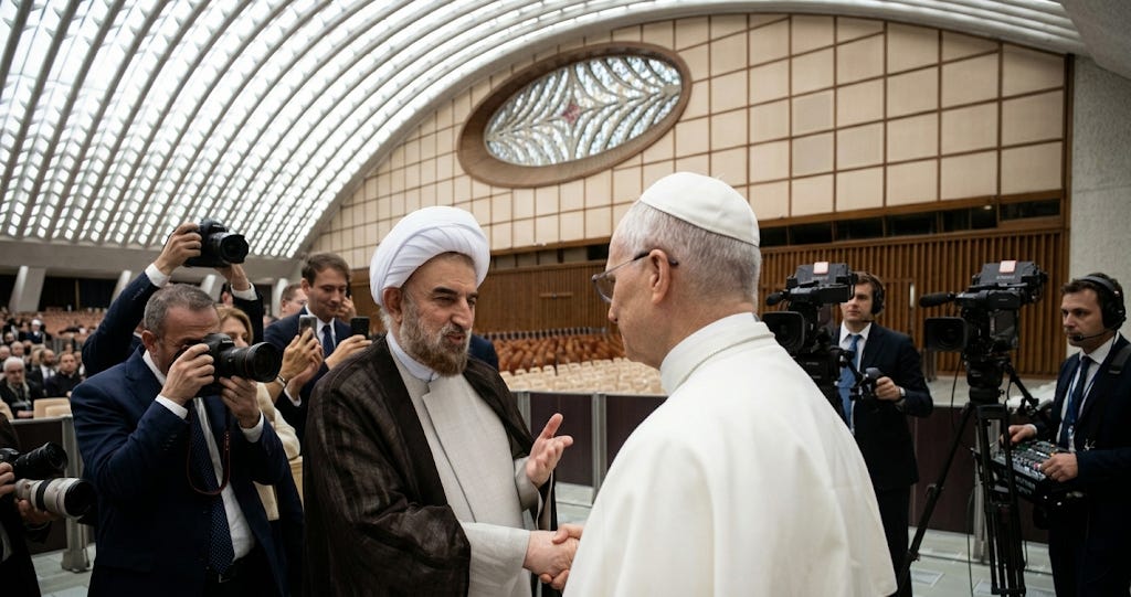 Paus Leo XIV (kanan) bertemu dengan Duta Besar Republik Islam Iran untuk Takhta Suci Mohammad-Hossein Mokhtari.