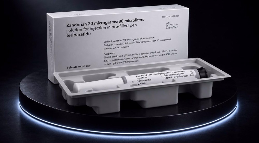 Produk teriparatide dari CinnaGen, yang dipasarkan dengan merek dagang Zandoriah, diindikasikan untuk pengobatan osteoporosis.