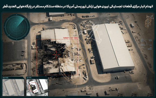 Foto yang dirilis media Iran memperlihatkan kehancuran gudang logistik utama Angkatan Udara Amerika Serikat di Pangkalan Udara Al Udeid, Qatar. (Foto: Farsnews Agency)