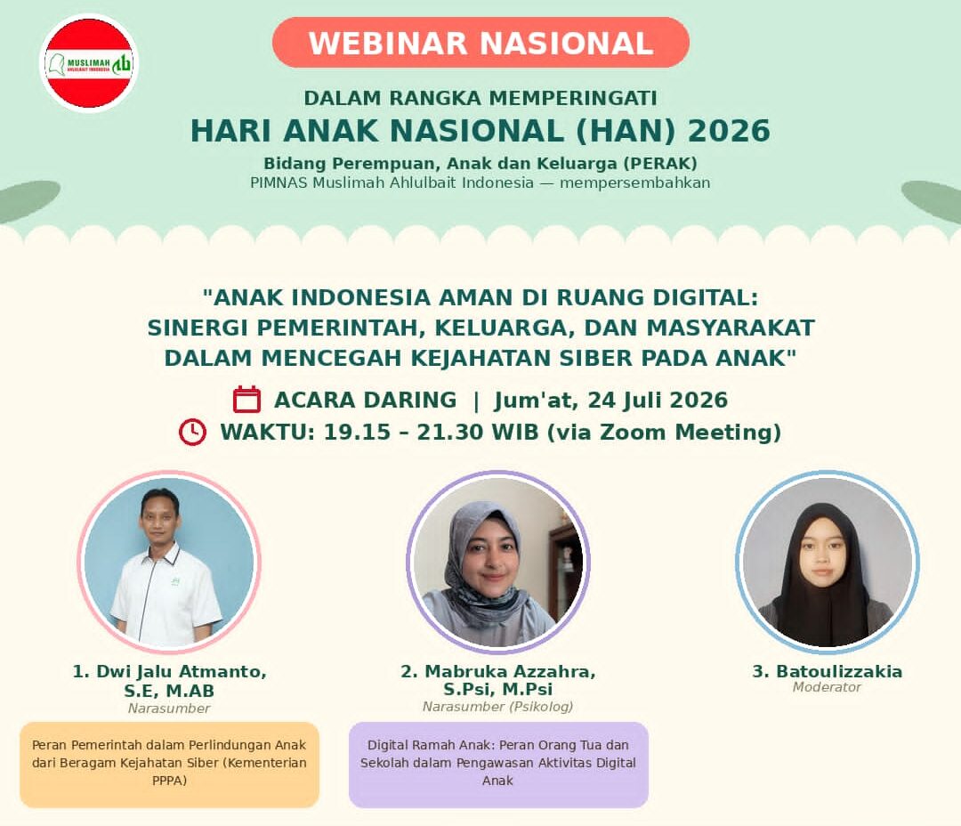 Flyer Webinar Nasional Muslimah ABI dalam rangka Hari Anak Nasional 2026 bertema "Anak Indonesia Aman di Ruang Digital" sebagai upaya memperkuat perlindungan anak dari kejahatan siber.