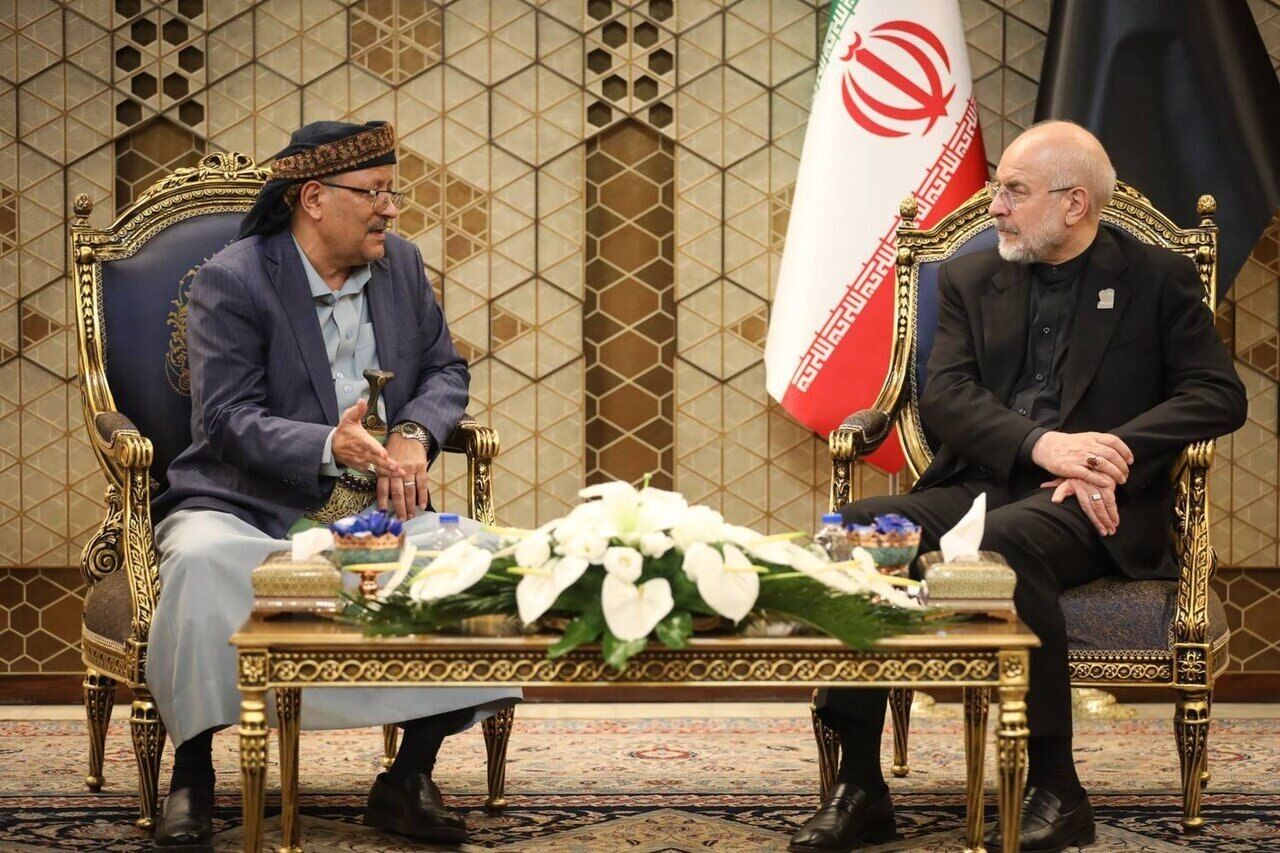 Ketua Parlemen Iran, Mohammad Bagher Ghalibaf, berbincang dengan Wakil Presiden Yaman sekaligus anggota Dewan Politik Tertinggi Ansarullah, Mohammad al-Nuaimi, di sela-sela prosesi penghormatan bagi Ayatullah Sayyid Ali Khamenei.