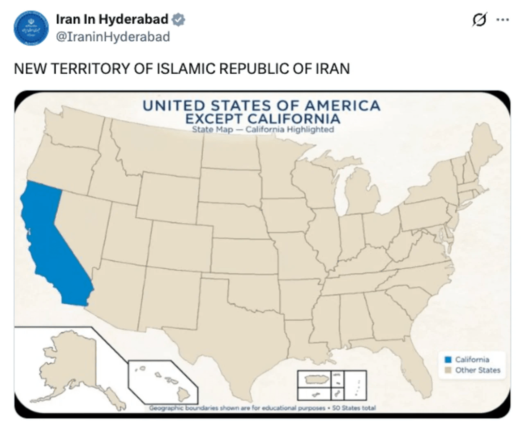 Iran membalas pernyataan Trump soal Selat Hormuz dengan menandai California sebagai “wilayah baru Republik Islam Iran”.