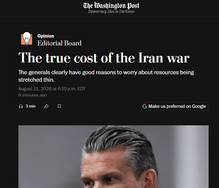Dewan Editorial The Washington Post menyoroti biaya perang terhadap Iran, tekanan terhadap pasukan Amerika, dan tuntutan agar pemerintahan Trump lebih terbuka kepada publik.