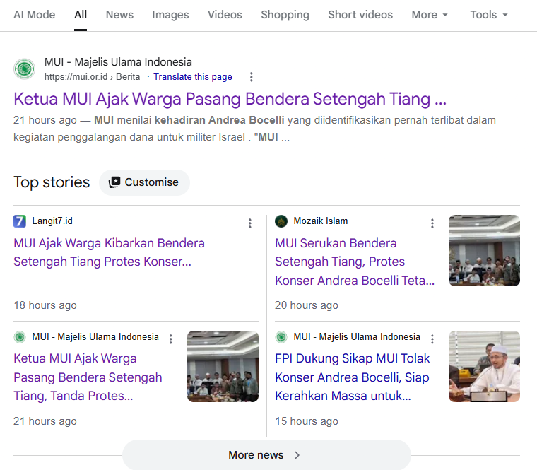 Tangkapan layar hasil pencarian Google yang masih menampilkan judul berita protes konser Andrea Bocelli di situs MUI, meski tautannya tak lagi mengarah ke halaman artikel.