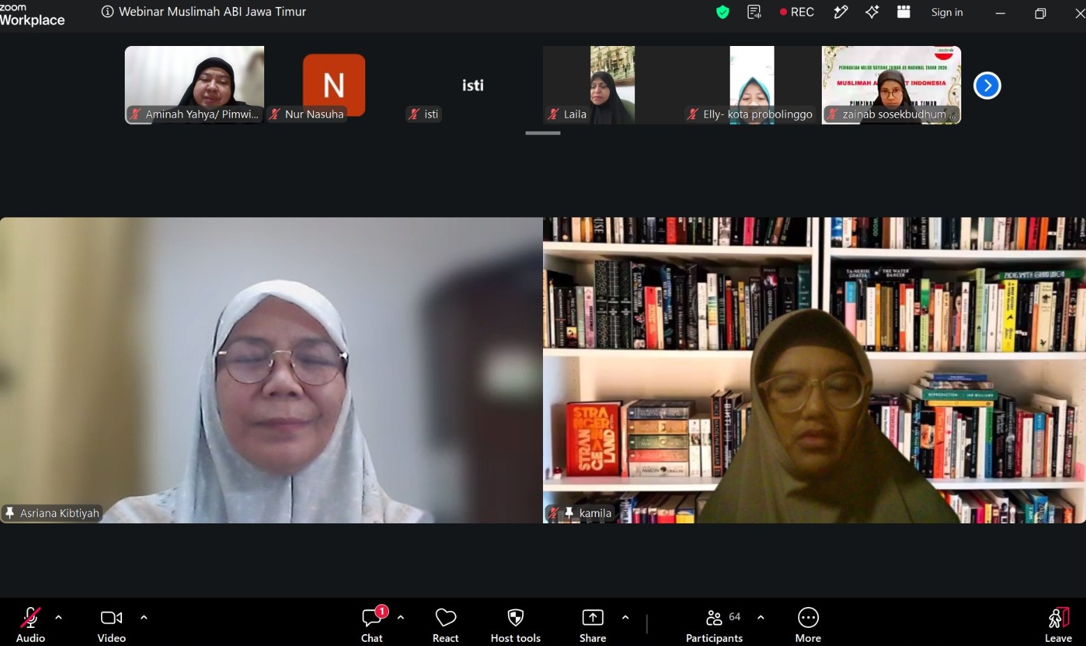 Webinar kesehatan mental Muslimah ABI Jawa Timur bertema “Berdamai dengan Diri, Bertumbuh dan Berdampak” menghadirkan psikiater dr. Kamila A., Sp.KJ., dan Dr. Asriana Kibtiyah, M.Si., melalui Zoom Meeting, Sabtu (24/10/2026), diikuti puluhan kader Muslimah ABI.